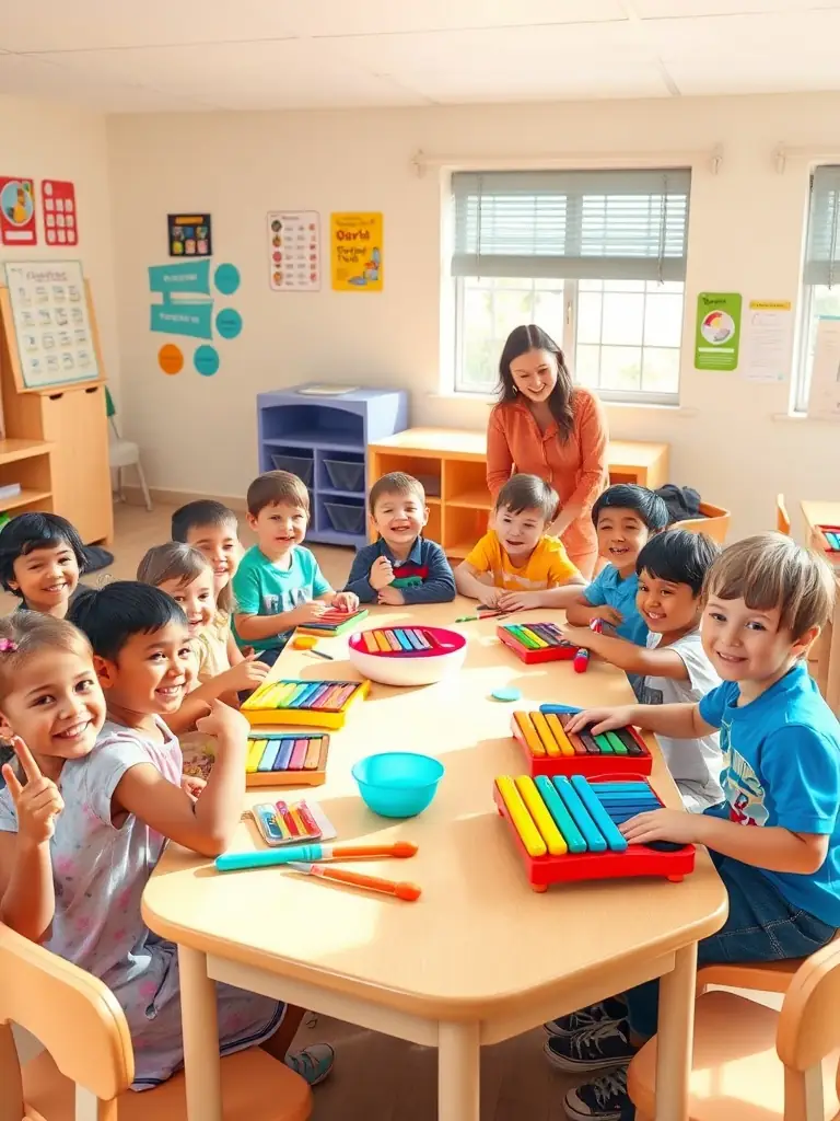 A heartwarming image of children participating in a music education program organized by Les Bichettes de la Rochelle, learning basic musical concepts and enjoying interactive activities.