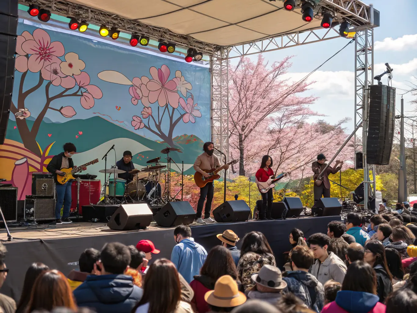 A diverse group of community members joyfully participating in a musical performance on an outdoor stage, showcasing inclusivity and artistic expression.