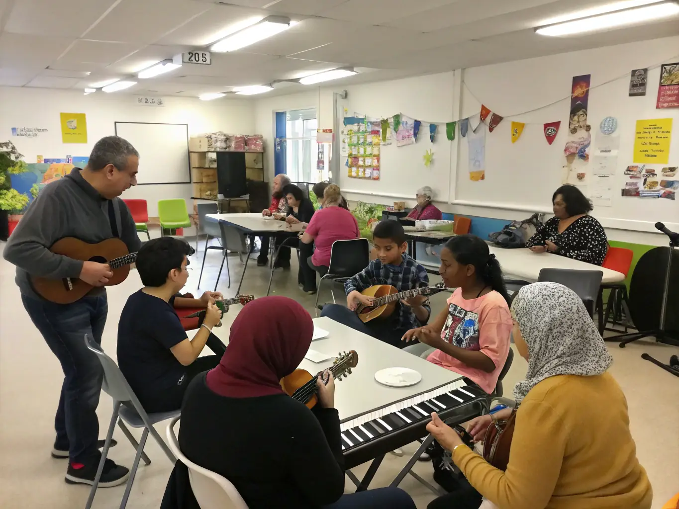 A diverse group of community members joyfully rehearsing for an upcoming musical performance, showcasing the inclusive and collaborative spirit of Les Bichettes de la Rochelle.