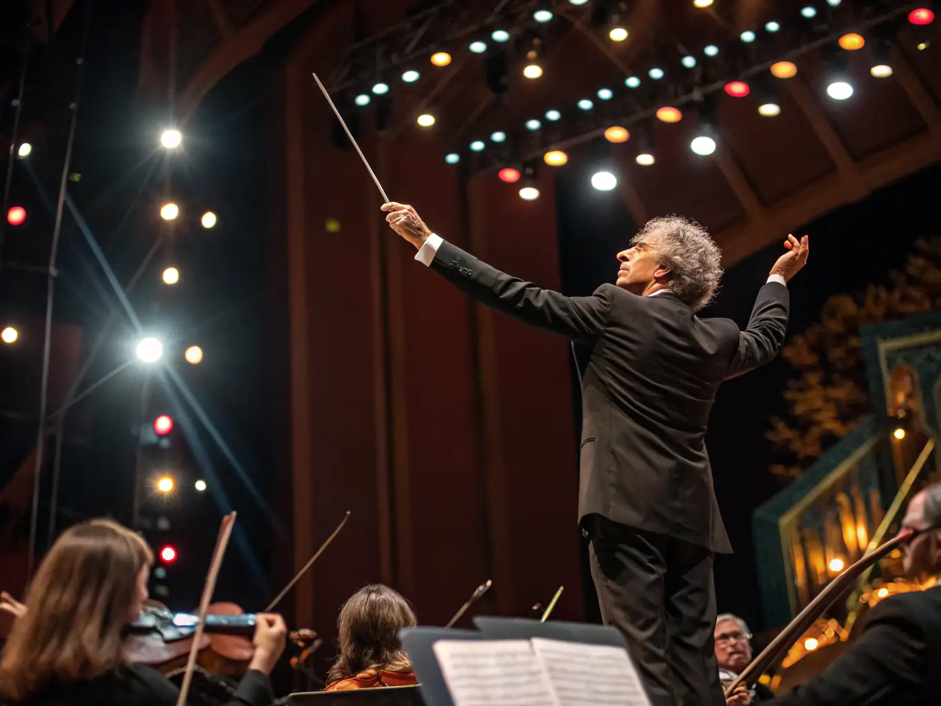 A close-up shot of a conductor leading an amateur orchestra, emphasizing the guidance and mentorship provided to local musicians.