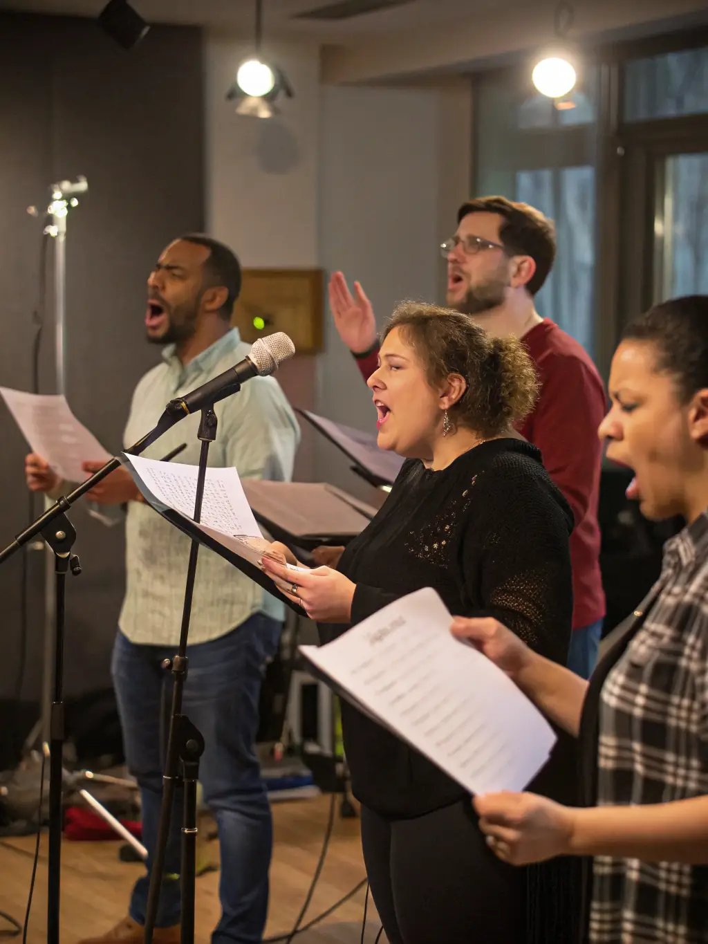 A vibrant photo capturing a rehearsal session for an upcoming musical performance by Les Bichettes de la Rochelle, showcasing diverse participants engaged in singing and practicing their instruments.