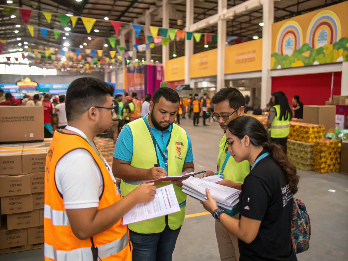 A behind-the-scenes shot of volunteers and organizers working together to prepare for a musical event, emphasizing the community-driven nature of Les Bichettes de la Rochelle.