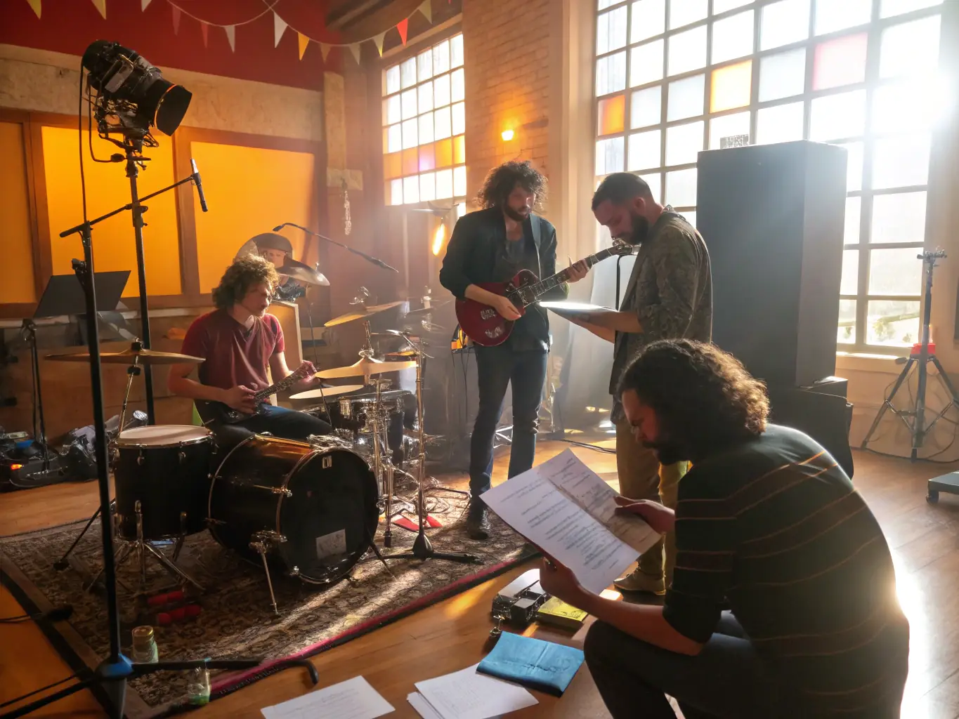 A photograph capturing a behind-the-scenes moment during a rehearsal, highlighting the collaborative effort and dedication of the amateur performers.