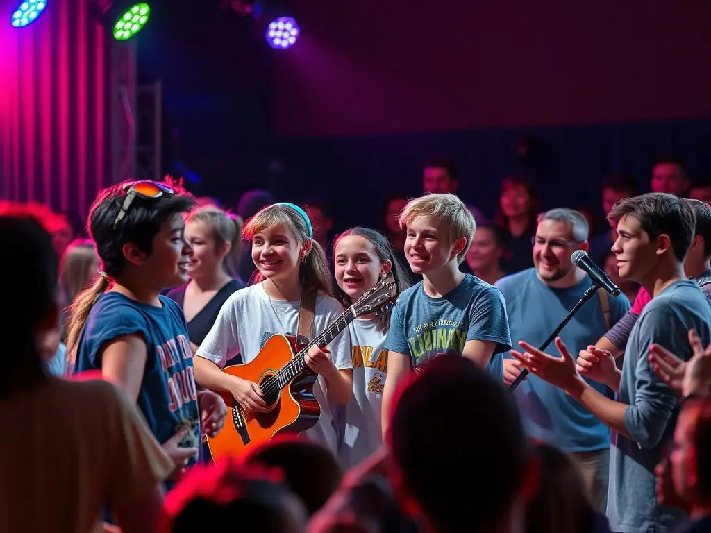 A diverse group of community members joyfully participating in a musical performance, showcasing the inclusive and engaging atmosphere fostered by LES BICHETTES DE LA ROCHELLE.