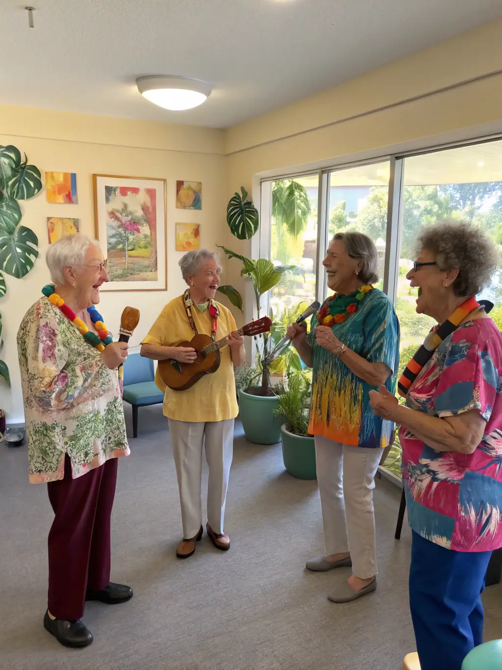 A photo of Les Bichettes de la Rochelle members engaging with elderly residents at a local care home, performing a small concert for them.