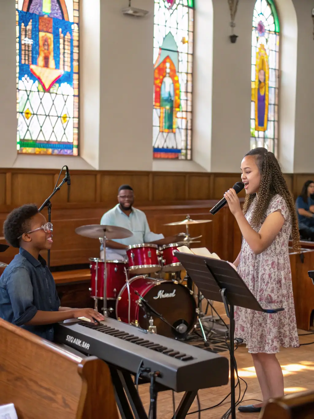 A vibrant photo capturing a rehearsal session for an upcoming musical performance by Les Bichettes de la Rochelle, showcasing diverse participants singing and playing instruments.