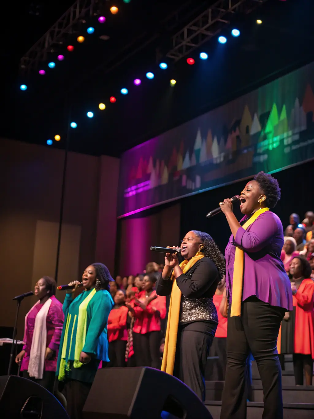 A dynamic shot of a community choir performance organized by Les Bichettes de la Rochelle, featuring a diverse group of singers performing on stage with enthusiasm and passion.
