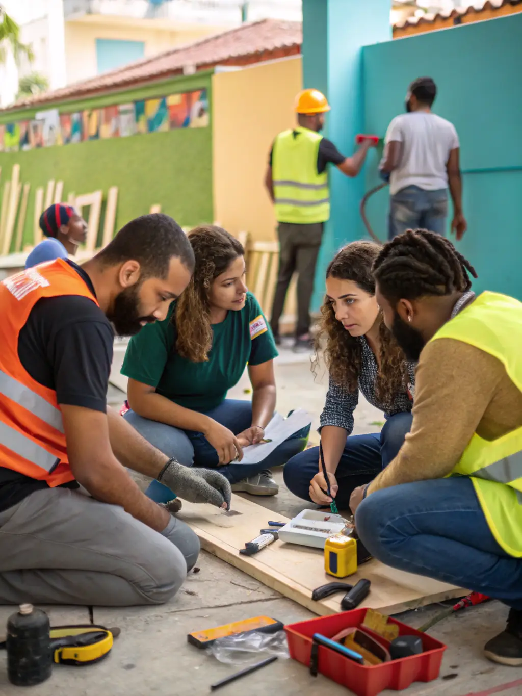 A behind-the-scenes photo of volunteers working on set design and costume preparation for a Les Bichettes de la Rochelle production, highlighting the collaborative spirit and community involvement.