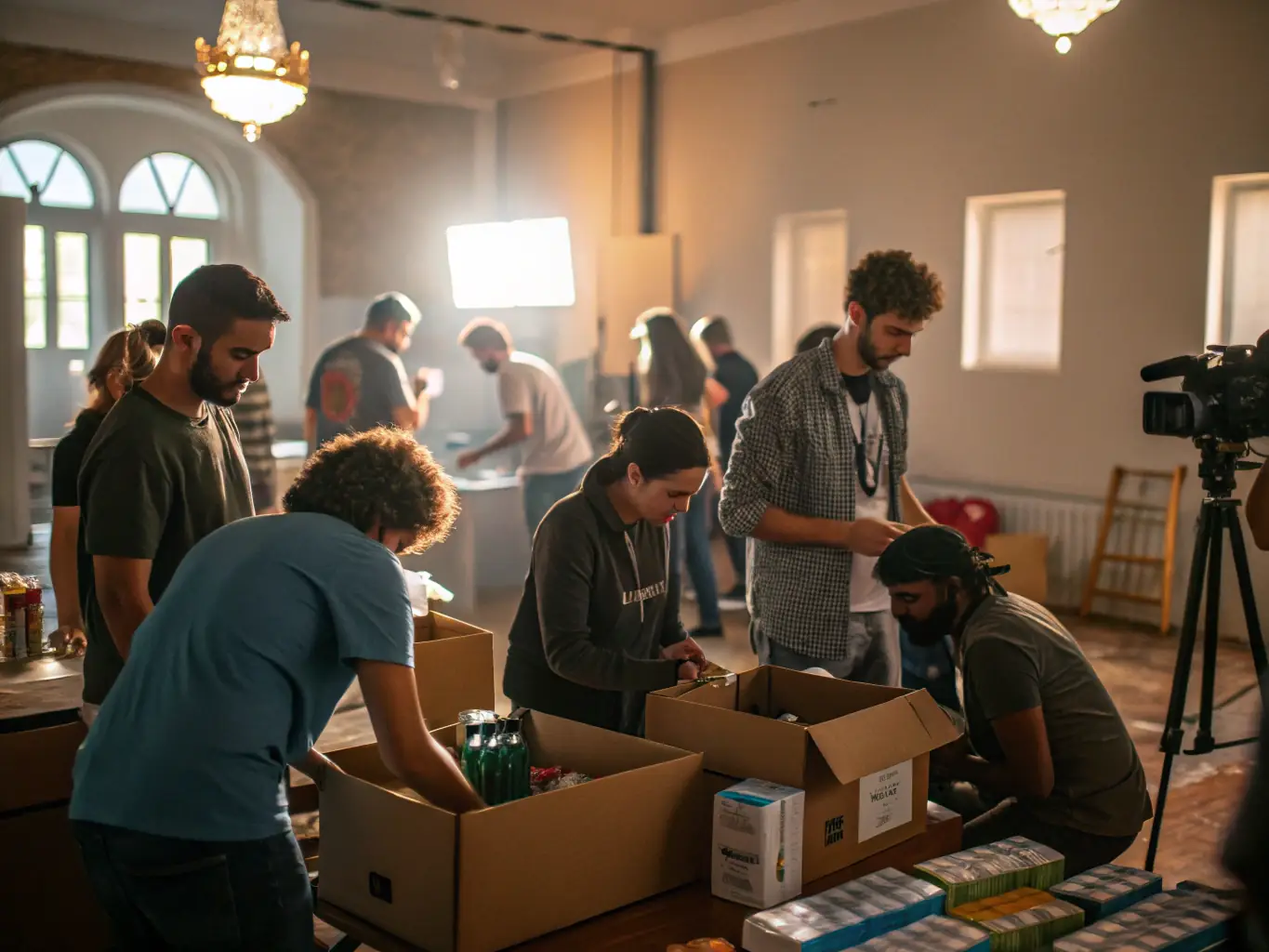 A behind-the-scenes shot of volunteers and organizers collaborating to set up a musical event, highlighting the strong community bonds fostered by LES BICHETTES DE LA ROCHELLE.