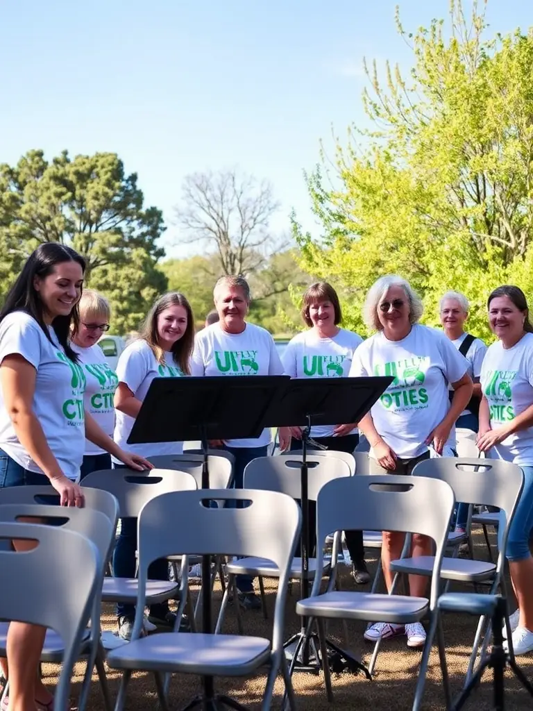 A group of volunteers setting up the stage for an outdoor community concert organized by Les Bichettes de la Rochelle, highlighting teamwork and preparation.